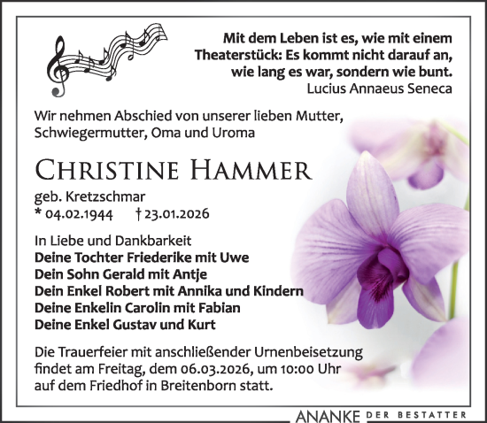 Traueranzeige von Christine Hammer von Leipziger Volkszeitung