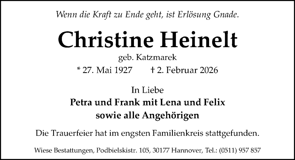  Traueranzeige für Christine Heinelt vom 14.02.2026 aus Hannoversche Allgemeine Zeitung/Neue Presse