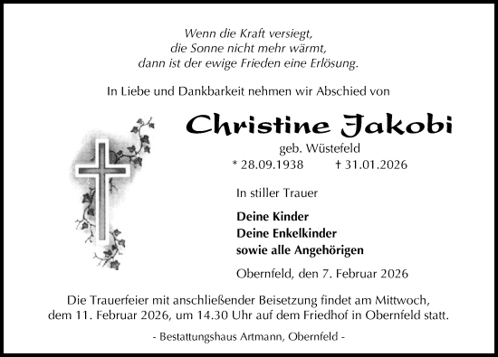 Traueranzeige von Christine Jakobi von Eichsfelder Tageblatt