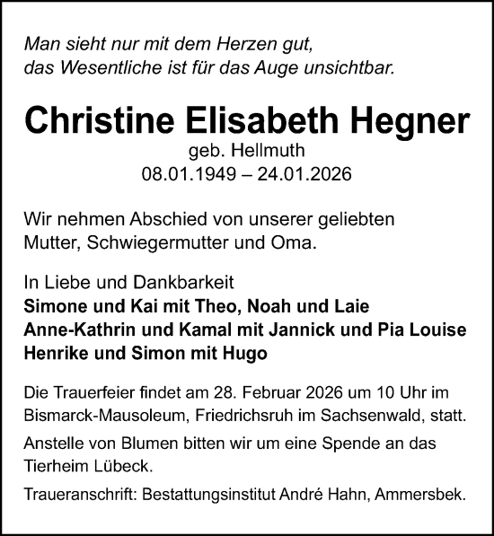Traueranzeige von Christine Elisabeth Hegner von Lübecker Nachrichten