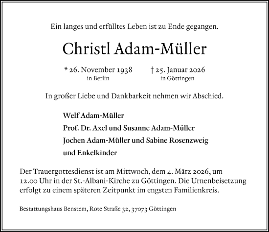 Traueranzeige von Christl Adam-Müller von Göttinger Tageblatt