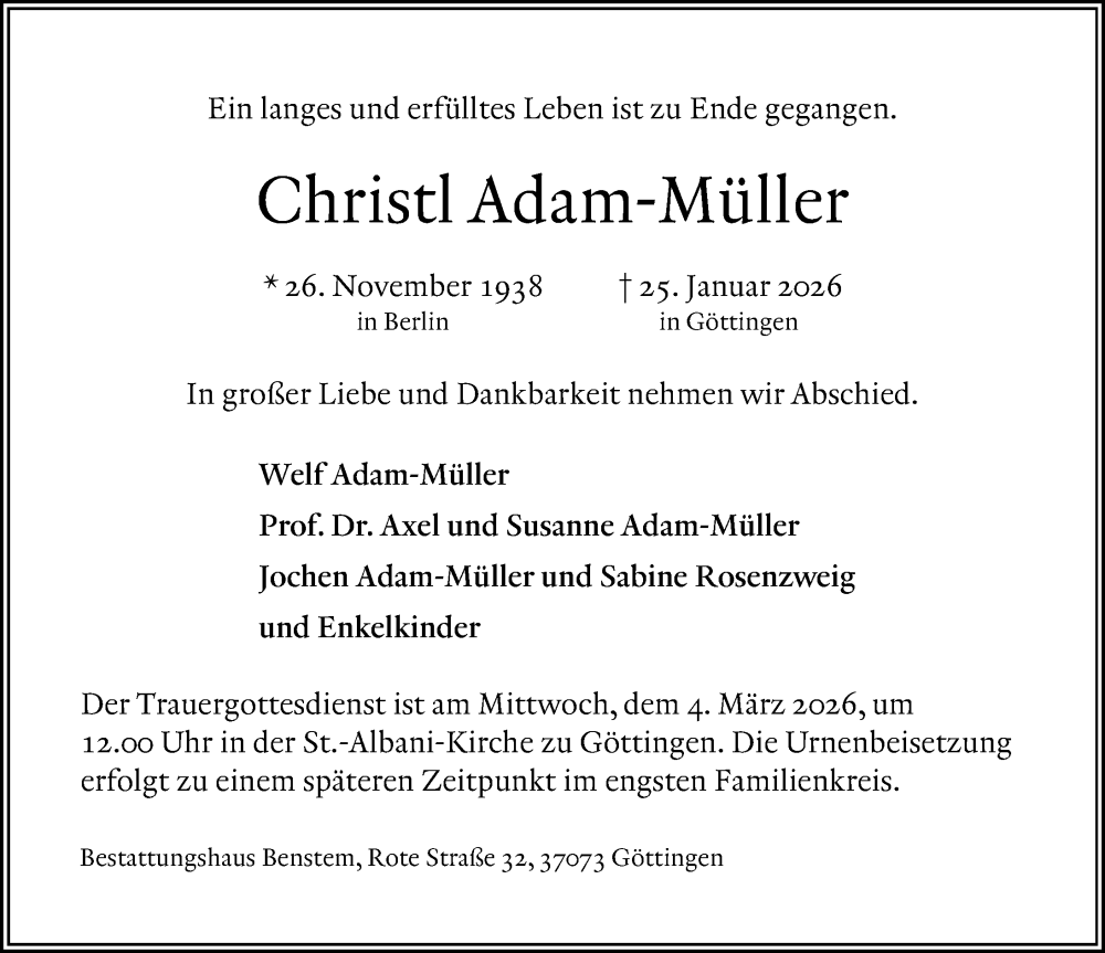  Traueranzeige für Christl Adam-Müller vom 21.02.2026 aus Göttinger Tageblatt