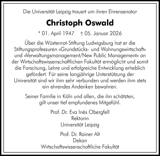 Traueranzeige von Christoph Oswald von Leipziger Volkszeitung