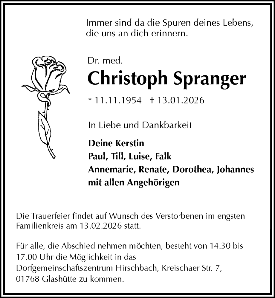  Traueranzeige für Christoph Spranger vom 04.02.2026 aus Sächsische Zeitung