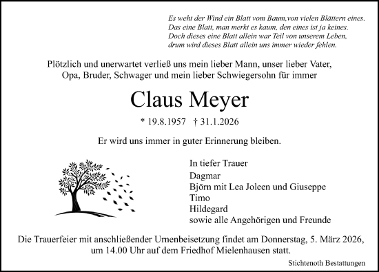 Traueranzeige von Claus Meyer von Göttinger Tageblatt