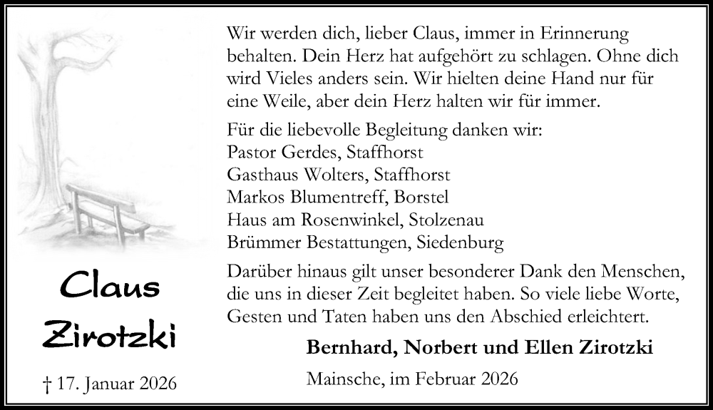  Traueranzeige für Claus Zirotzki vom 21.02.2026 aus Die Harke