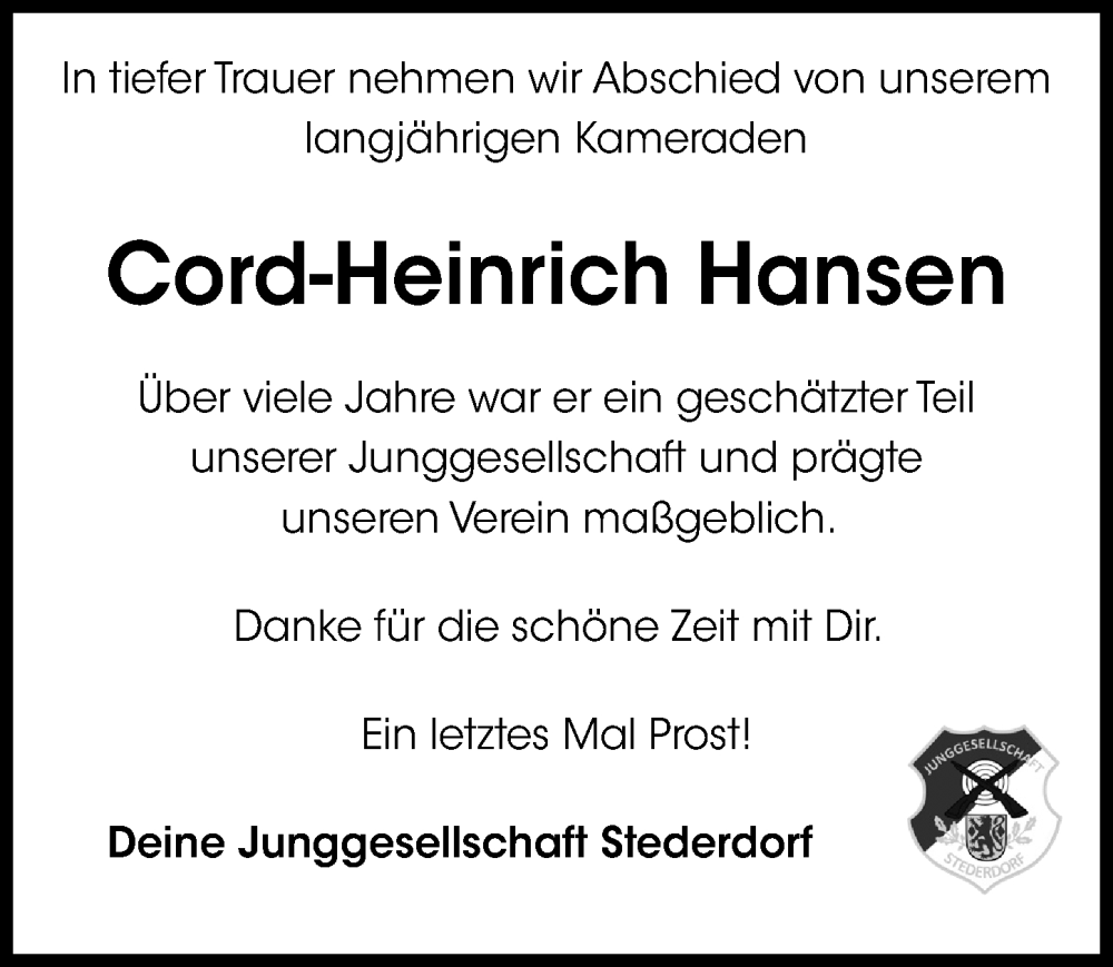  Traueranzeige für Cord-Heinrich Hansen vom 28.02.2026 aus Peiner Allgemeine Zeitung