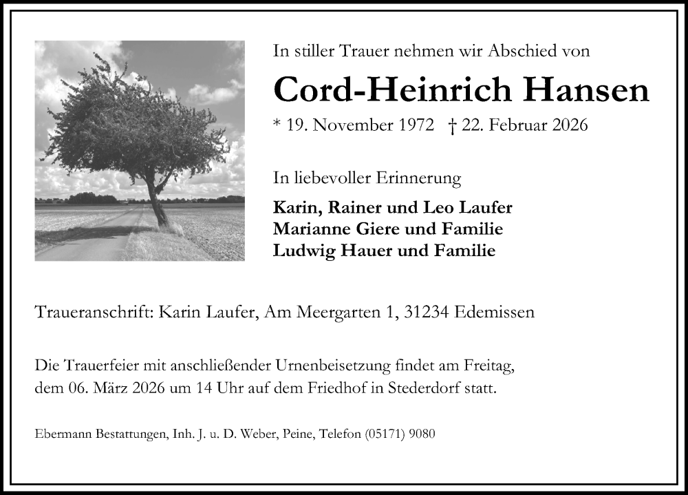  Traueranzeige für Cord-Heinrich Hansen vom 28.02.2026 aus Peiner Allgemeine Zeitung