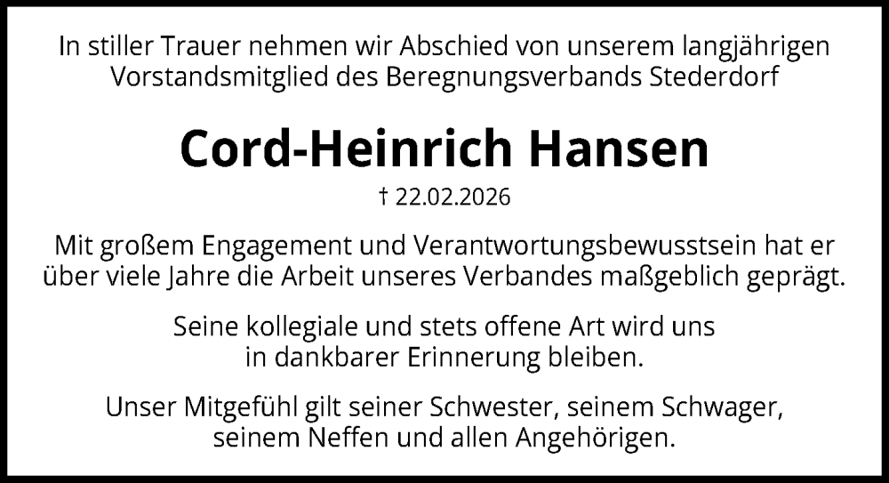  Traueranzeige für Cord-Heinrich Hansen vom 28.02.2026 aus Peiner Allgemeine Zeitung