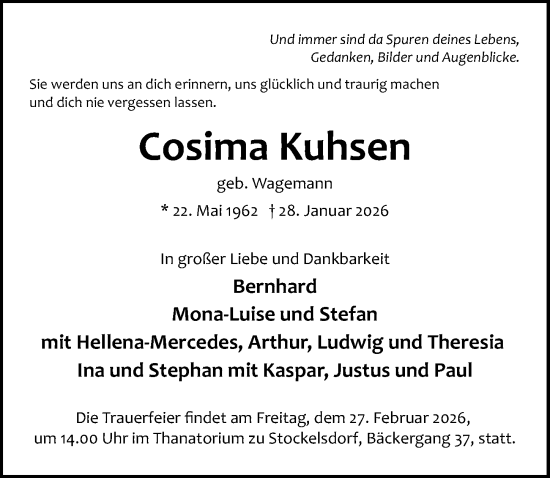 Traueranzeige von Cosima Kuhsen von Lübecker Nachrichten