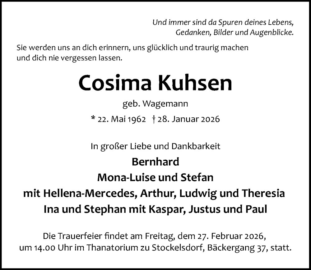  Traueranzeige für Cosima Kuhsen vom 08.02.2026 aus Lübecker Nachrichten