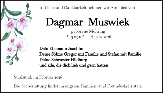 Traueranzeige von Dagmar Muswiek von Ostsee-Zeitung GmbH