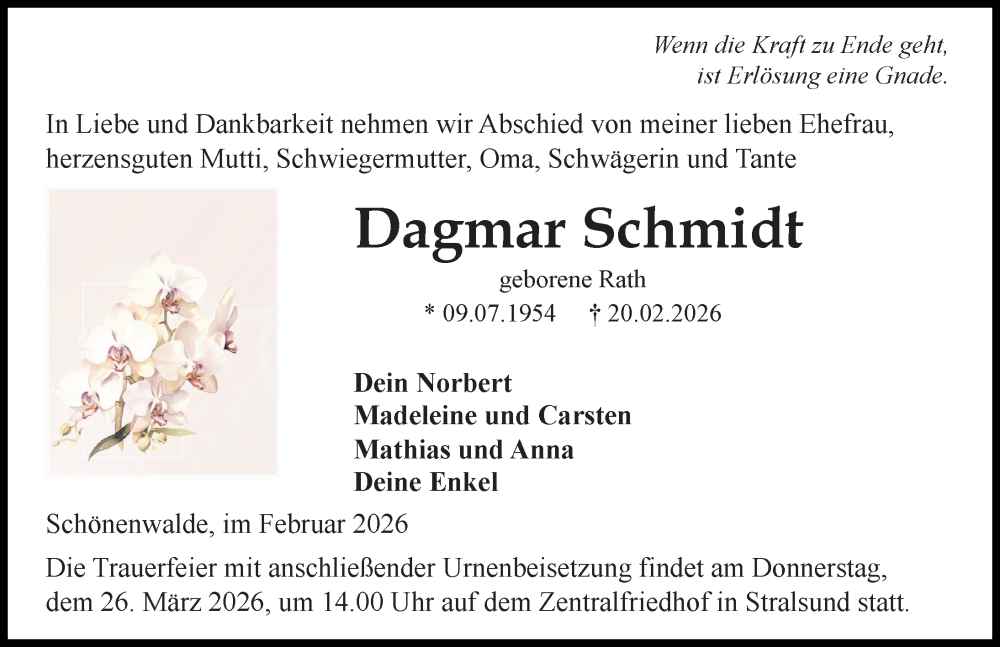  Traueranzeige für Dagmar Schmidt vom 28.02.2026 aus Ostsee-Zeitung GmbH