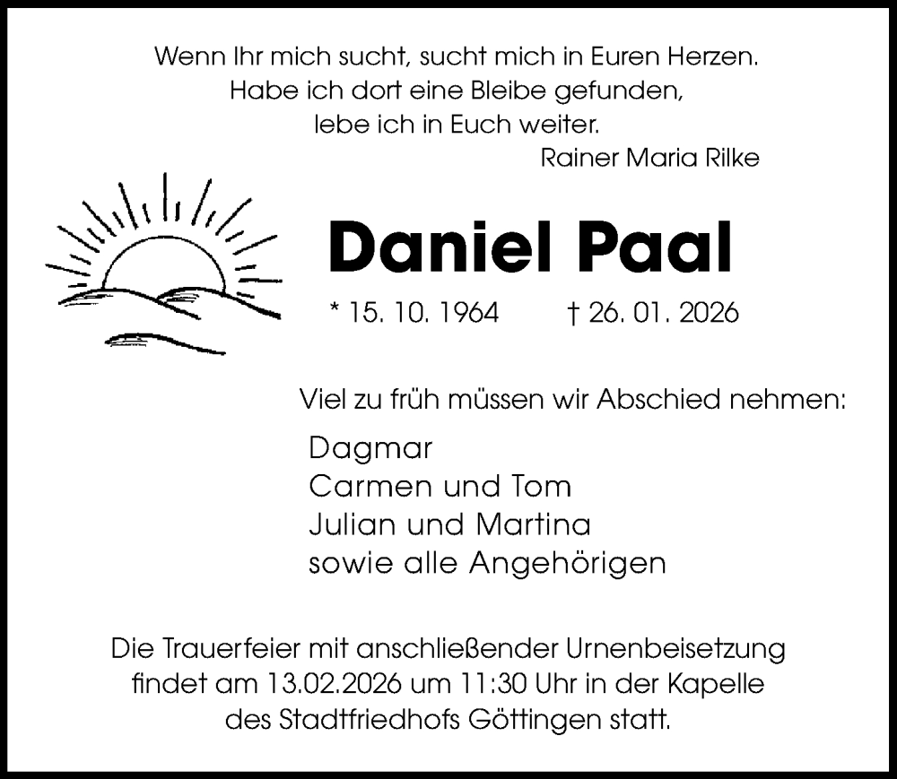  Traueranzeige für Daniel Paal vom 11.02.2026 aus Göttinger Tageblatt