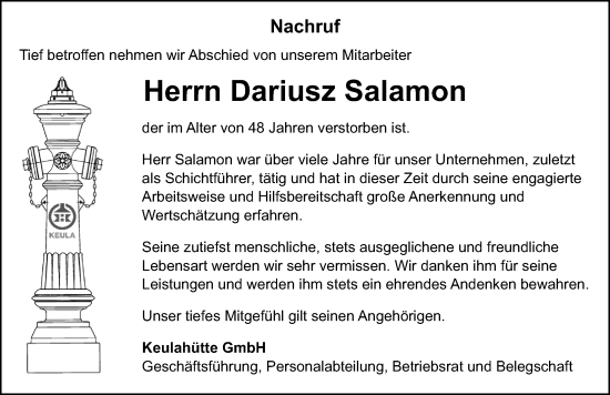 Traueranzeige von Dariusz Salamon von Sächsische Zeitung