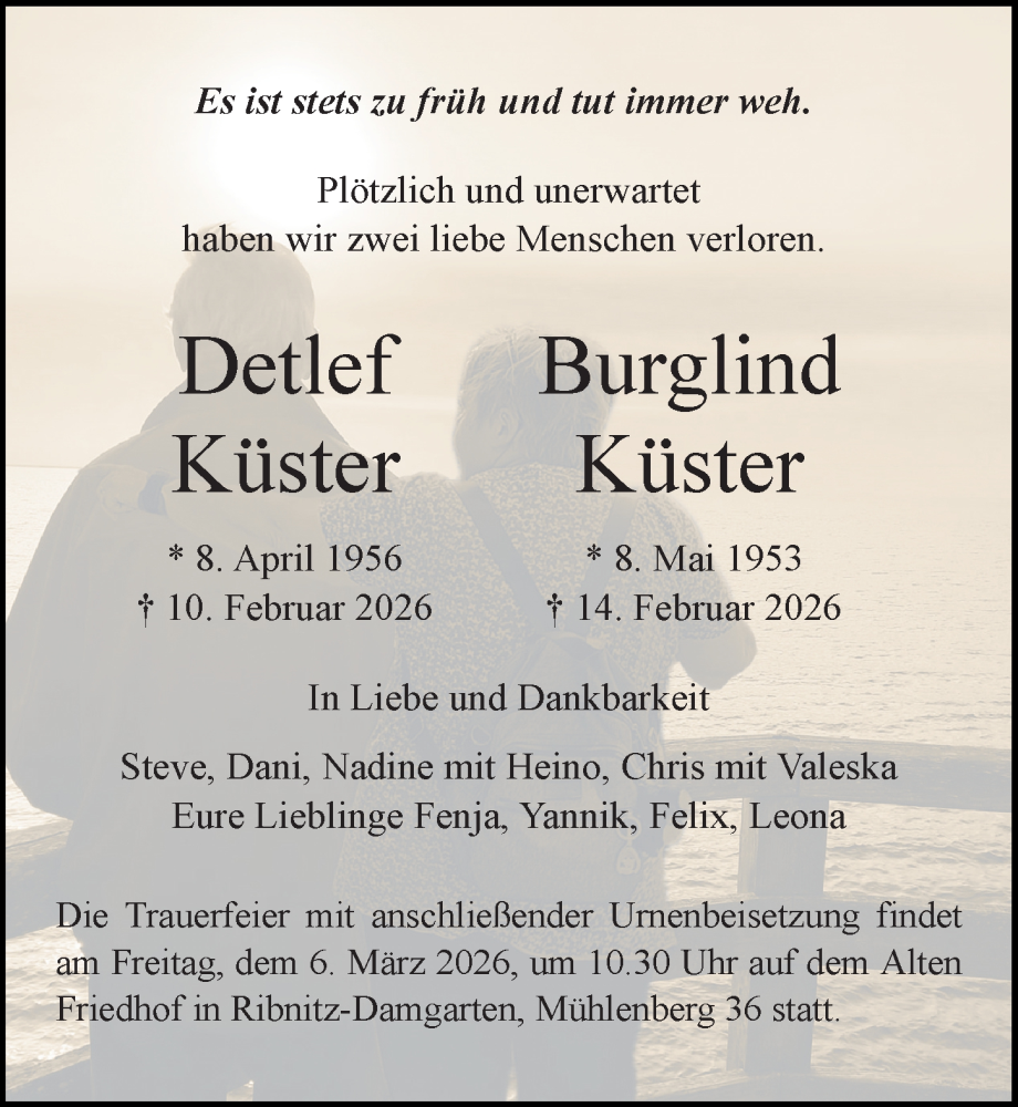  Traueranzeige für Detlef Küster vom 21.02.2026 aus Ostsee-Zeitung GmbH