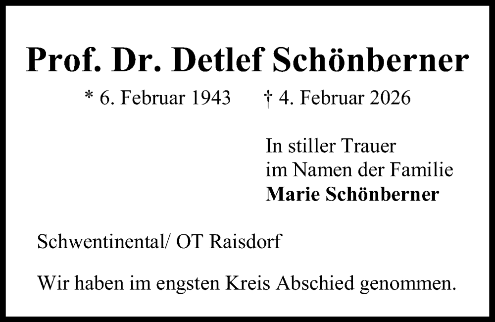  Traueranzeige für Detlef Schönberner vom 21.02.2026 aus Kieler Nachrichten