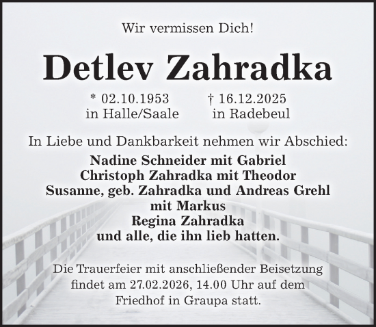 Traueranzeige von Detlev Zahradka von Sächsische Zeitung
