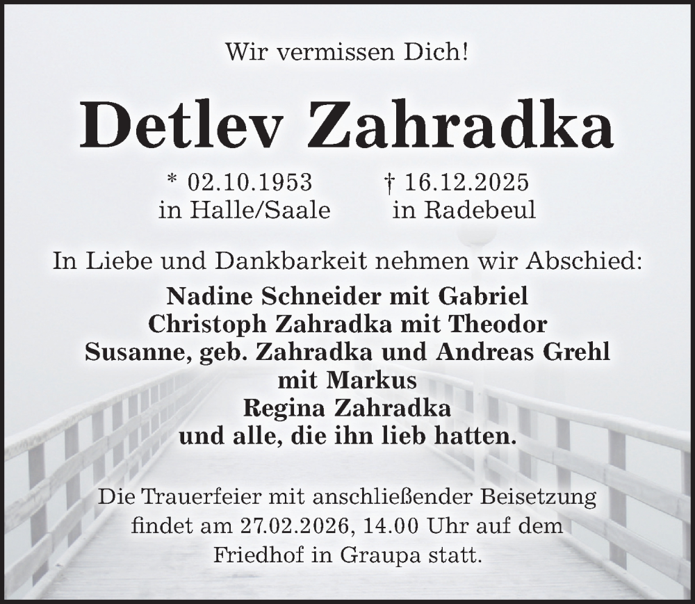  Traueranzeige für Detlev Zahradka vom 14.02.2026 aus Sächsische Zeitung