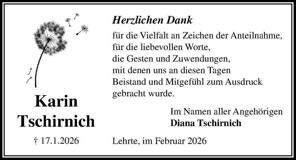  Traueranzeige für Diana Tschirnich vom 14.02.2026 aus Hannoversche Allgemeine Zeitung/Neue Presse