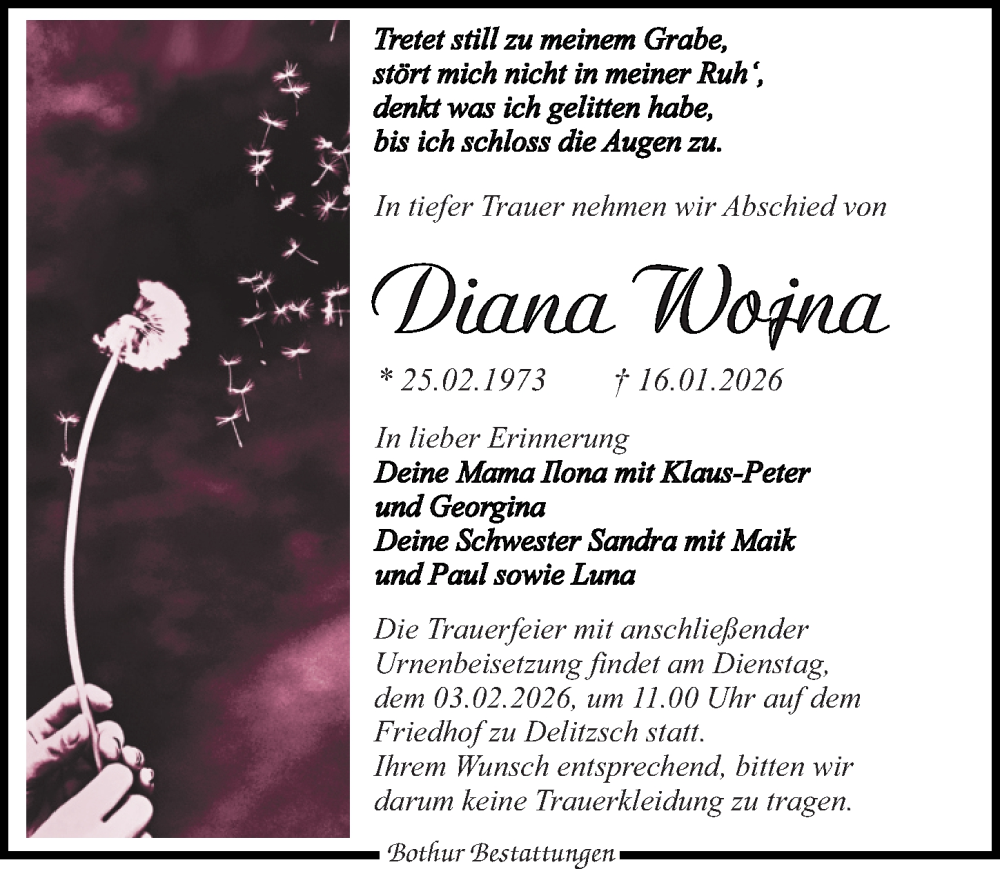  Traueranzeige für Diana Wojna vom 24.01.2026 aus Leipziger Volkszeitung