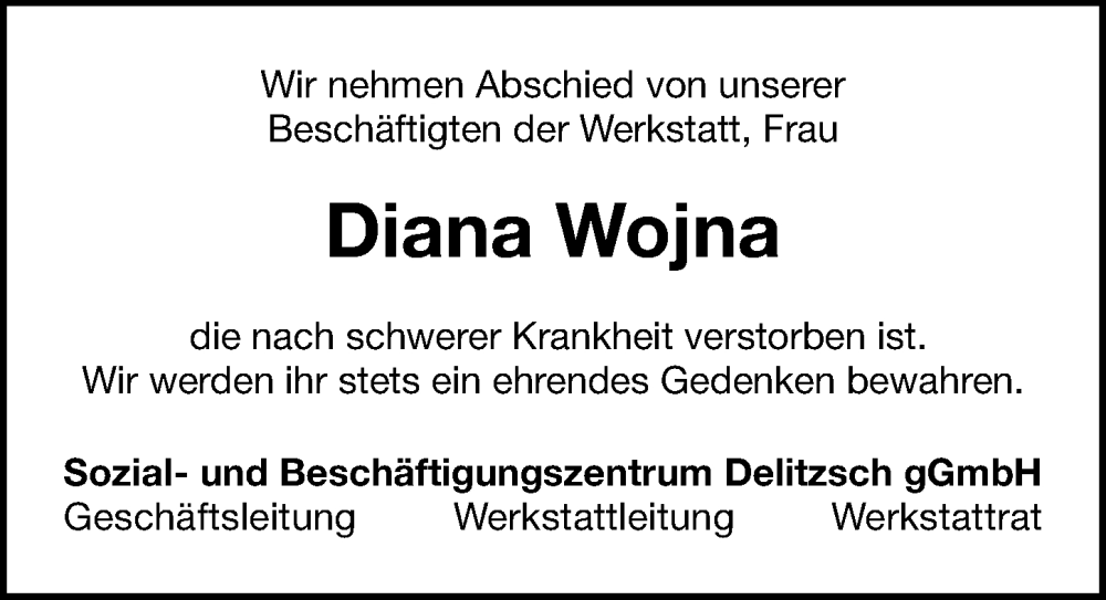  Traueranzeige für Diana Wojna vom 24.01.2026 aus Leipziger Volkszeitung