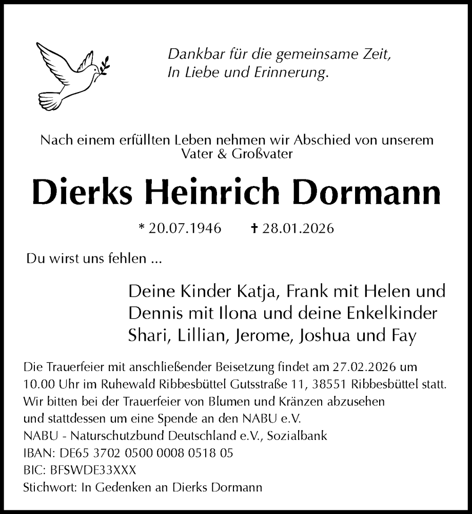  Traueranzeige für Dierks Heinrich Dormann vom 14.02.2026 aus Aller Zeitung