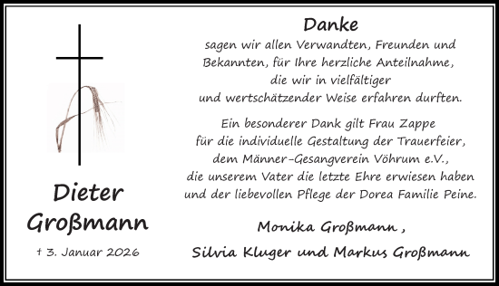 Traueranzeige von Dieter Großmann von Peiner Allgemeine Zeitung