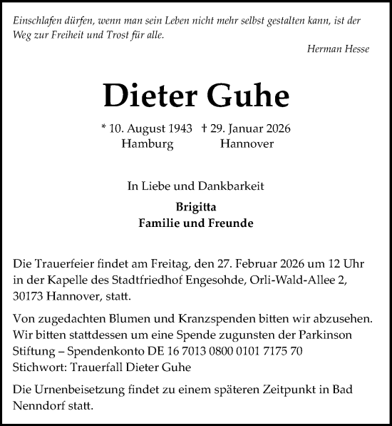 Traueranzeige von Dieter Guhe von Hannoversche Allgemeine Zeitung/Neue Presse