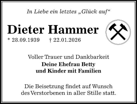 Traueranzeige von Dieter Hammer von Sächsische Zeitung