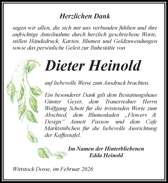 Traueranzeige von Dieter Heinold von Wochenspiegel
