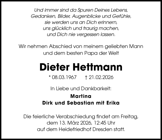 Traueranzeige von Dieter Hettmann von Sächsische Zeitung