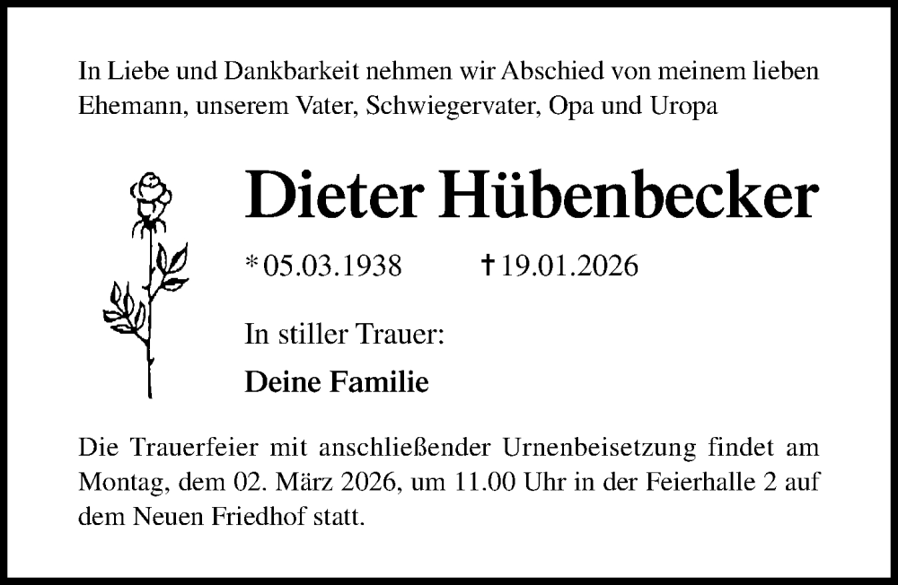  Traueranzeige für Dieter Hübenbecker vom 14.02.2026 aus Ostsee-Zeitung GmbH