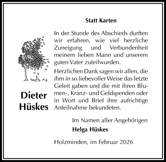 Traueranzeige von Dieter Hüskes von Täglicher Anzeiger Holzminden