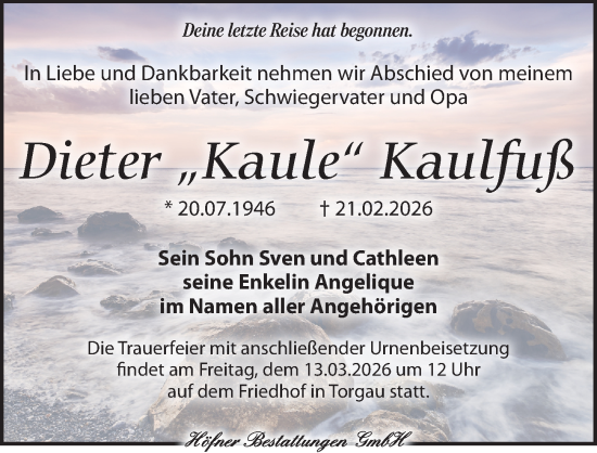 Traueranzeige von Dieter Kaulfuß von Torgauer Zeitung