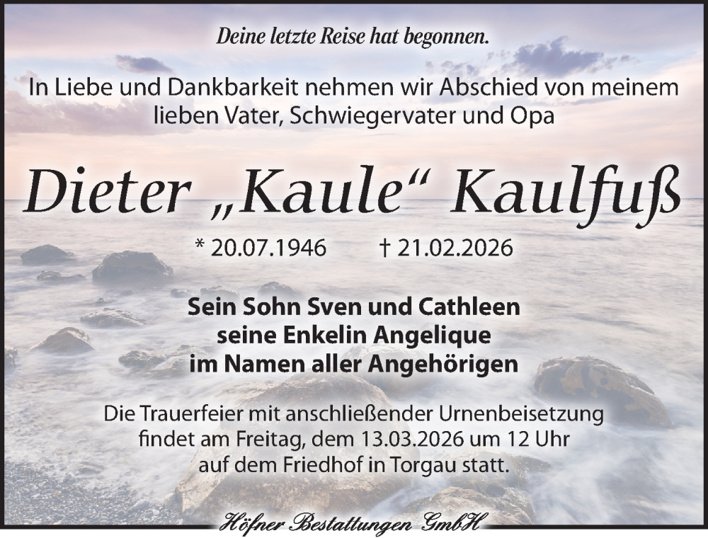  Traueranzeige für Dieter Kaulfuß vom 28.02.2026 aus Torgauer Zeitung