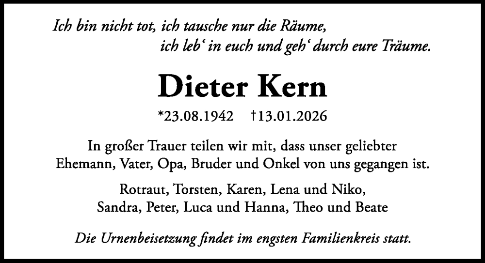  Traueranzeige für Dieter Kern vom 21.02.2026 aus Hannoversche Allgemeine Zeitung/Neue Presse
