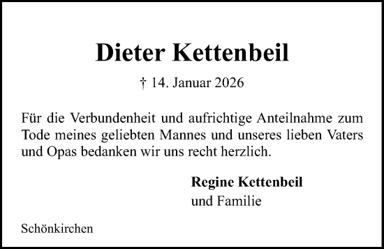 Traueranzeige von Dieter Kettenbeil von Kieler Nachrichten