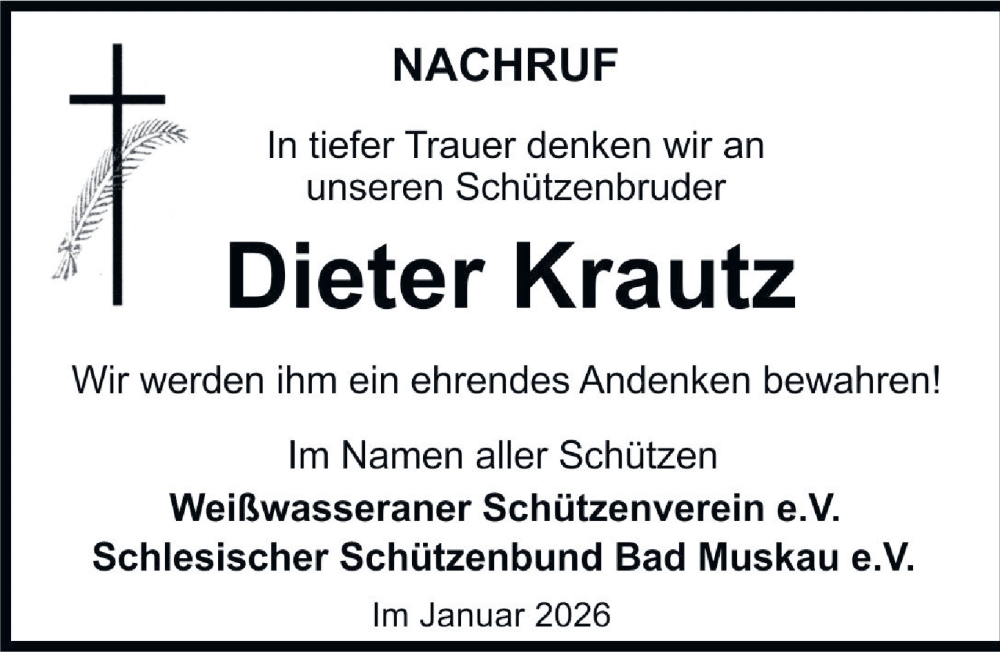  Traueranzeige für Dieter Krautz vom 14.02.2026 aus Sächsische Zeitung