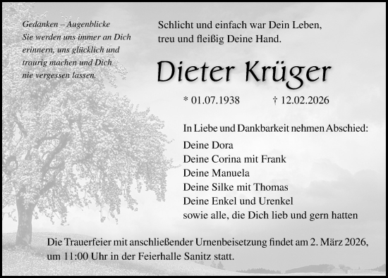 Traueranzeige von Dieter Krüger von Ostsee-Zeitung GmbH