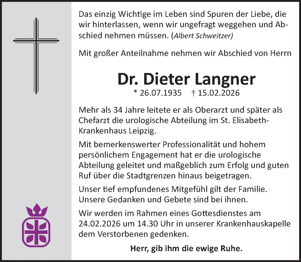  Traueranzeige für Dieter Langner vom 21.02.2026 aus Leipziger Volkszeitung
