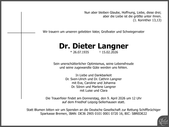 Traueranzeige von Dieter Langner von Leipziger Volkszeitung
