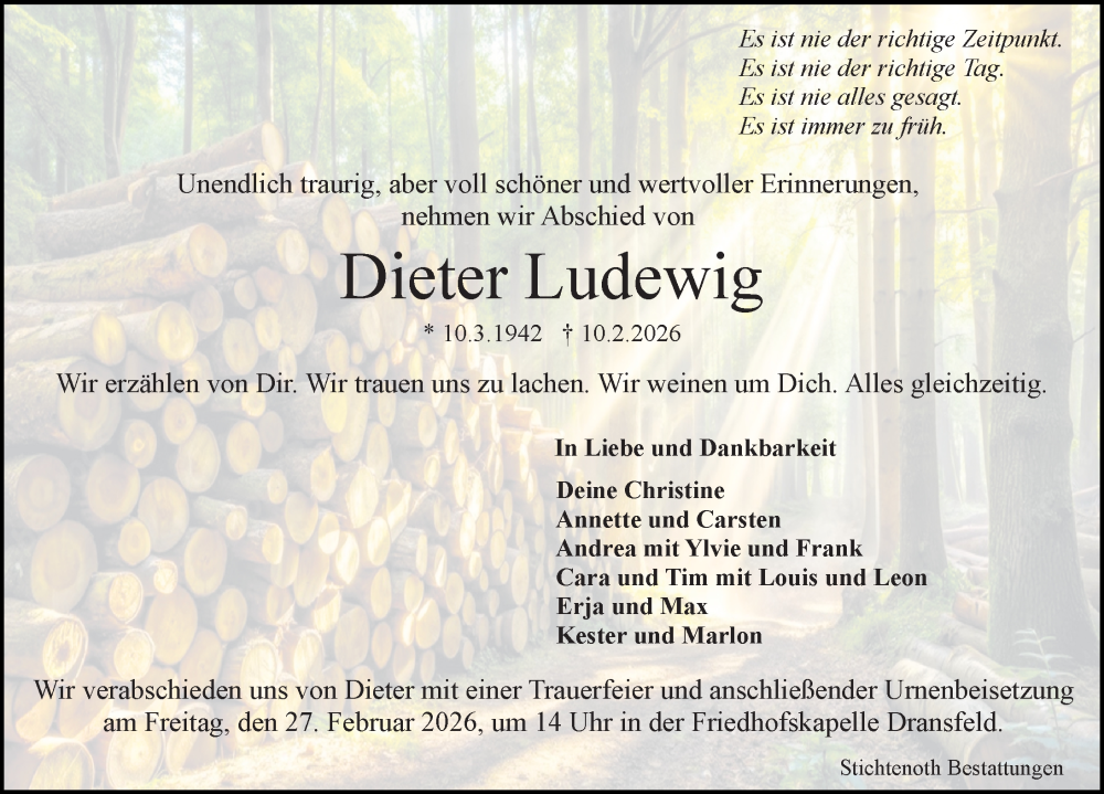  Traueranzeige für Dieter Ludewig vom 21.02.2026 aus Göttinger Tageblatt