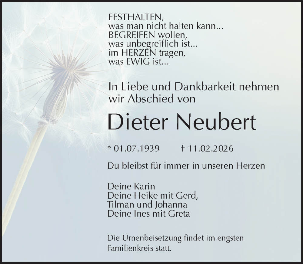  Traueranzeige für Dieter Neubert vom 21.02.2026 aus Sächsische Zeitung