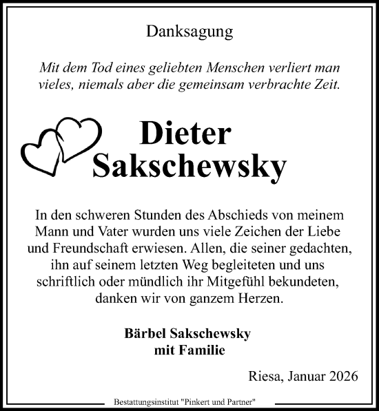 Traueranzeige von Dieter Sakschewsky von Sächsische Zeitung