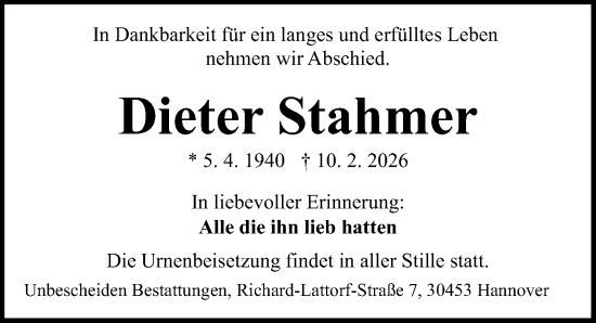 Traueranzeige von Dieter Stahmer von Hannoversche Allgemeine Zeitung/Neue Presse