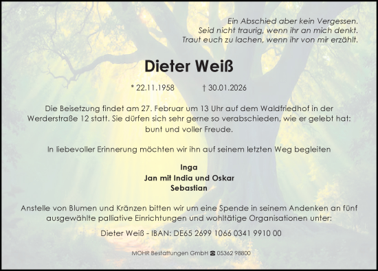 Traueranzeige von Dieter Weiß von Aller Zeitung