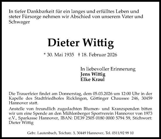 Traueranzeige von Dieter Wittig von Hannoversche Allgemeine Zeitung/Neue Presse