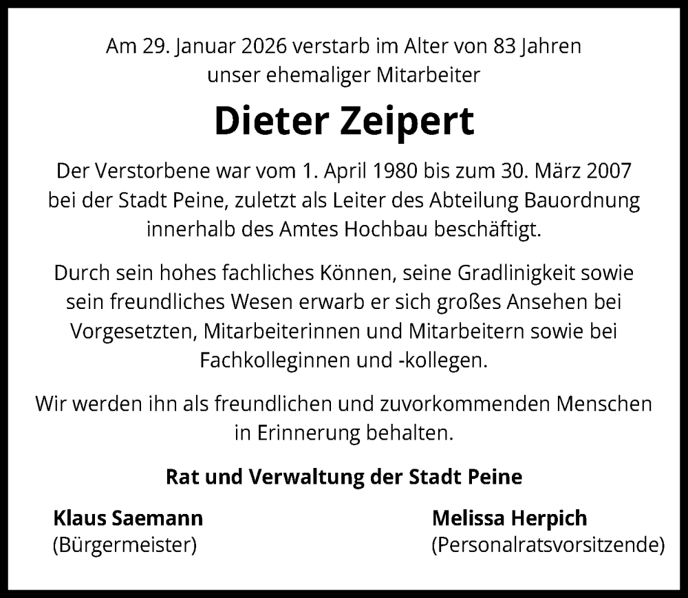  Traueranzeige für Dieter Zeipert vom 14.02.2026 aus Peiner Allgemeine Zeitung