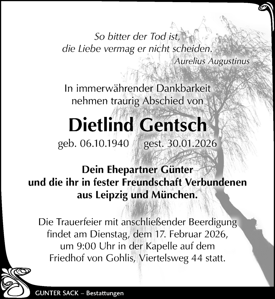  Traueranzeige für Dietlind Gentsch vom 07.02.2026 aus Leipziger Volkszeitung